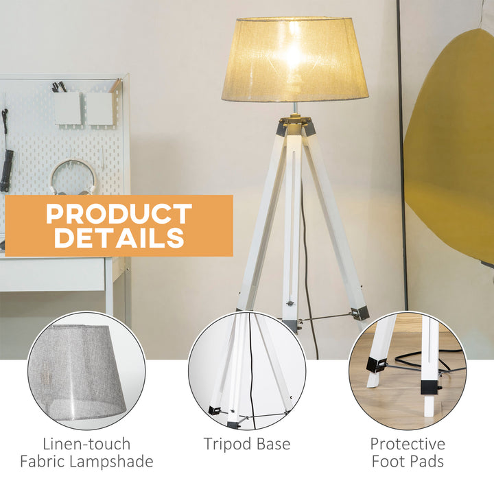 HOMCOM Tripod Floor Lamp, Adjustable Height Wooden Standing Lamp with E26 Lamp Base for Living Room, Bedroom, White and Grey