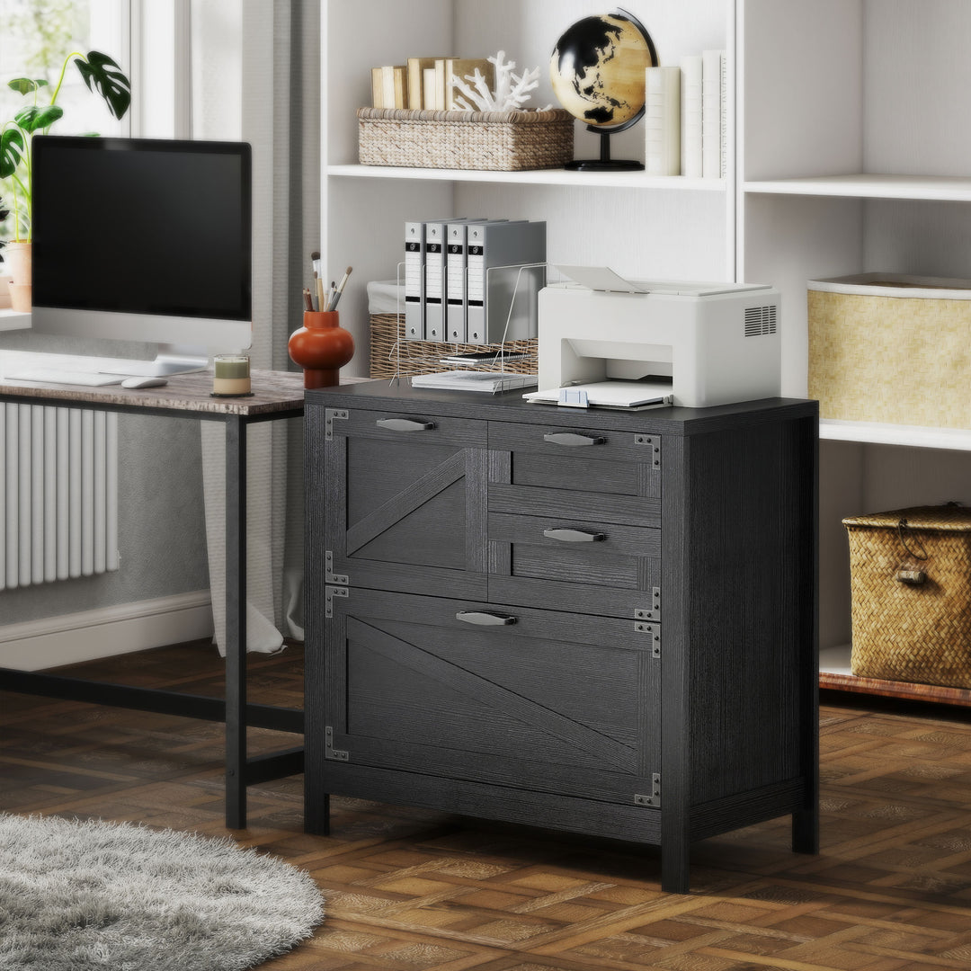 HOMCOM Lateral Filing Cabinet, Farmhouse File Cabinet with 4 Drawers, Fit Letter/A4/Legal Hanging Files, Black Wood Grain