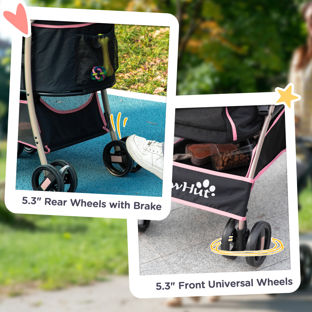 PawHut 4 Wheels Pet Stroller, 3 in 1 Dog Cat Travel Folding Carrier, for Small Dogs, Detachable, w/ Brake, Canopy, Basket, Storage Bag - Yellow