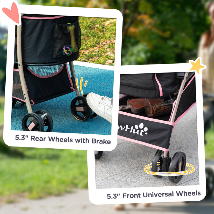 PawHut 4 Wheels Pet Stroller, 3 in 1 Dog Cat Travel Folding Carrier, for Small Dogs, Detachable, w/ Brake, Canopy, Basket, Storage Bag - Yellow