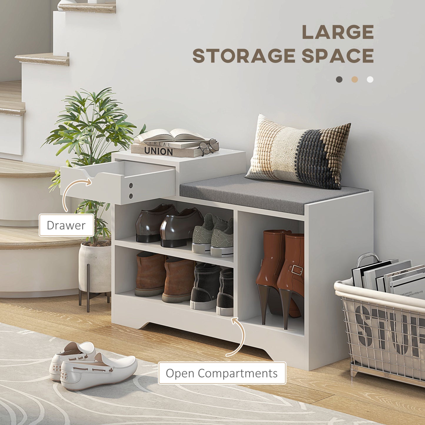HOMCOM Upholstered Shoe Storage Bench, Hallway Shoe Storage with Seat, Drawer, 3 Open Shelves for Entryway, White