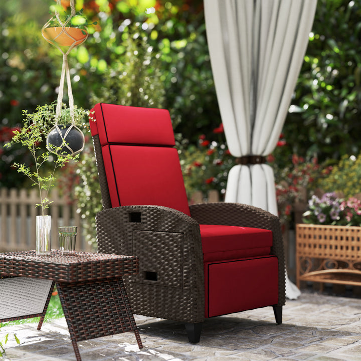 Outsunny Outdoor Recliner Chair with Adjustable Backrest, Cushion, Side Tray, Wine Red