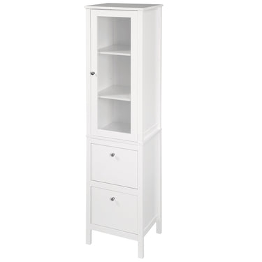 kleankin Tall Bathroom Cabinet with Tempered Glass Door, Storage Organizer, Freestanding Linen Tower with 2 Adjustable Shelves and 2 Drawers, White
