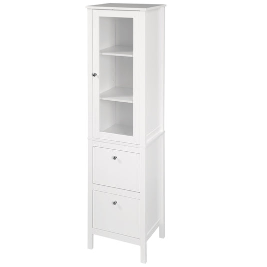 kleankin Tall Bathroom Cabinet with Tempered Glass Door, Storage Organizer, Freestanding Linen Tower with 2 Adjustable Shelves and 2 Drawers, White