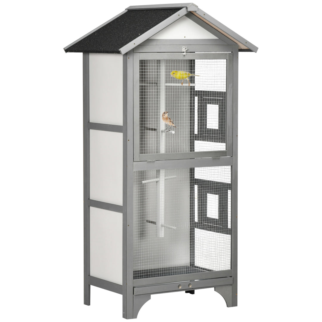 PawHut Wooden Bird Aviary Parrot Cage Pet Furniture with Removable Bottom Tray, 2 Doors, Asphalt Roof, 4 Perches, Light Grey