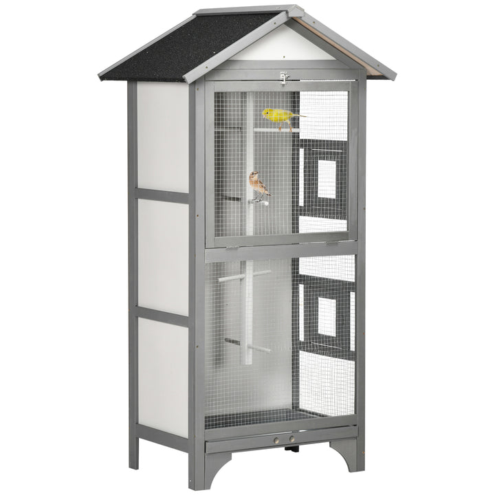 PawHut Wooden Bird Aviary Parrot Cage Pet Furniture with Removable Bottom Tray, 2 Doors, Asphalt Roof, 4 Perches, Light Grey