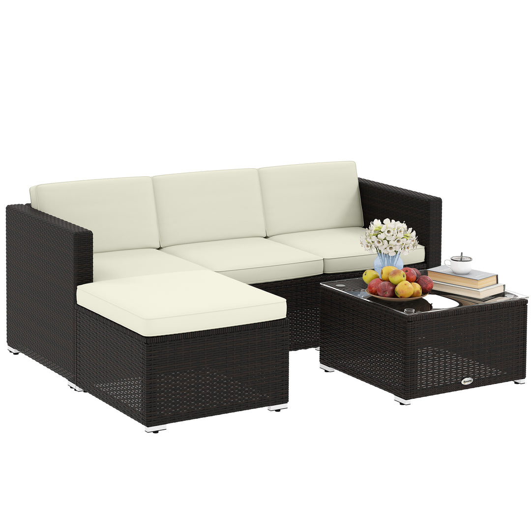 Outsunny 3 Pieces Patio Furniture Set with Cushions, Outdoor PE Rattan Wicker Conversation Corner Sofa Set with Glass Top Table and Adjustable Foot for Garden, Lawn, Cream White