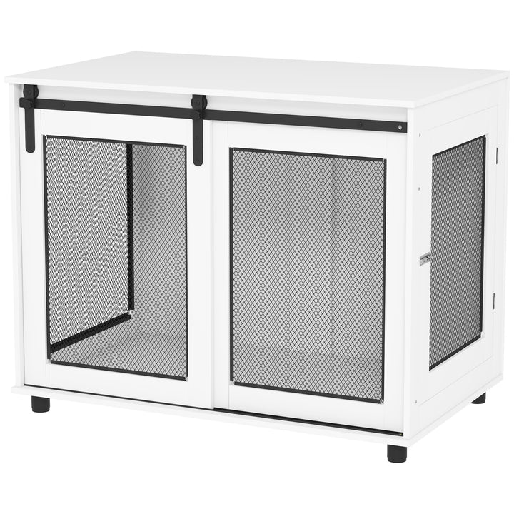 PawHut 39" Dog Crate Furniture with Sliding Barn Door, Furniture Style Dog Cage End Table for Large Dogs, White