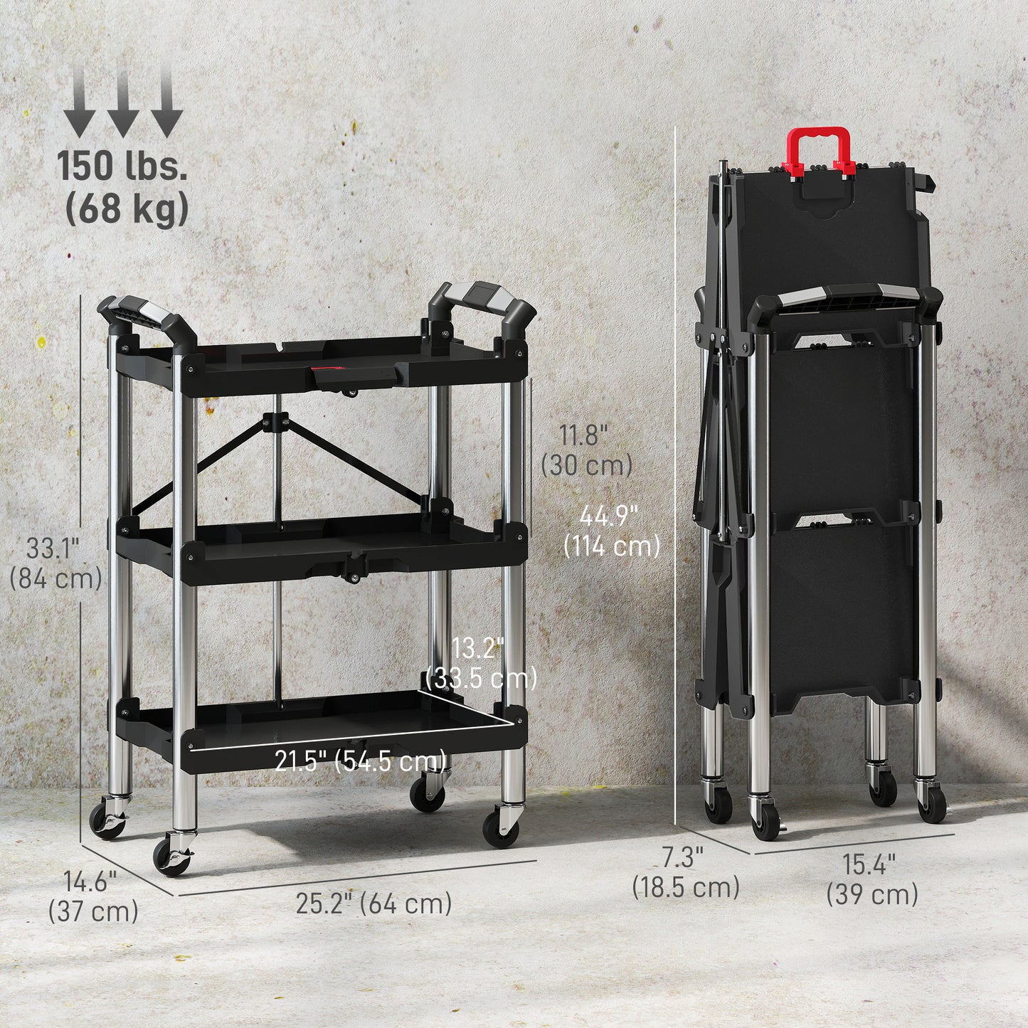 HOMCOM 3-Tier Collapsible Tool Cart with Wheels, 150 LBS Capacity Folding Utility Cart with Handles for Garage Workshop, Black