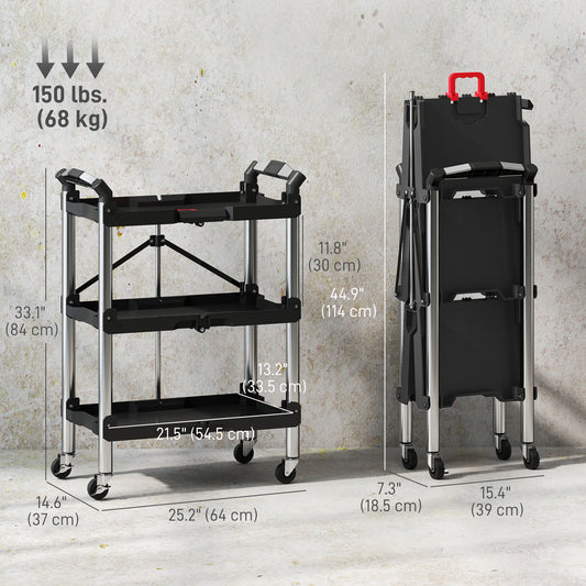 HOMCOM 3-Tier Collapsible Tool Cart with Wheels, 150 LBS Capacity Folding Utility Cart with Handles for Garage Workshop, Black