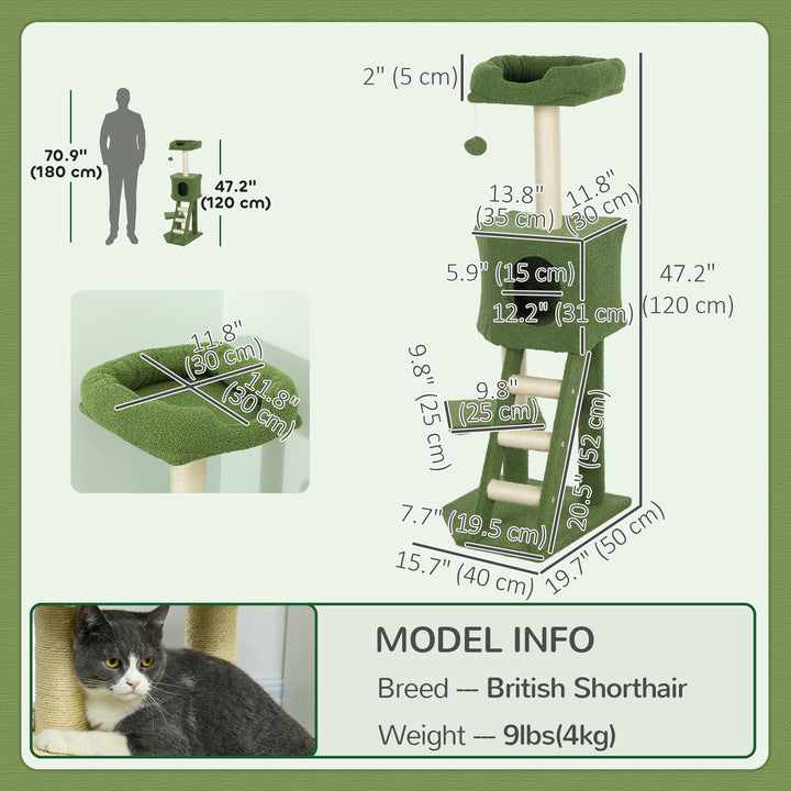 PawHut 47" Tall Cat Tree Tower with Condo, Ladder, Scratching Posts and Hanging Ball, Light Grey