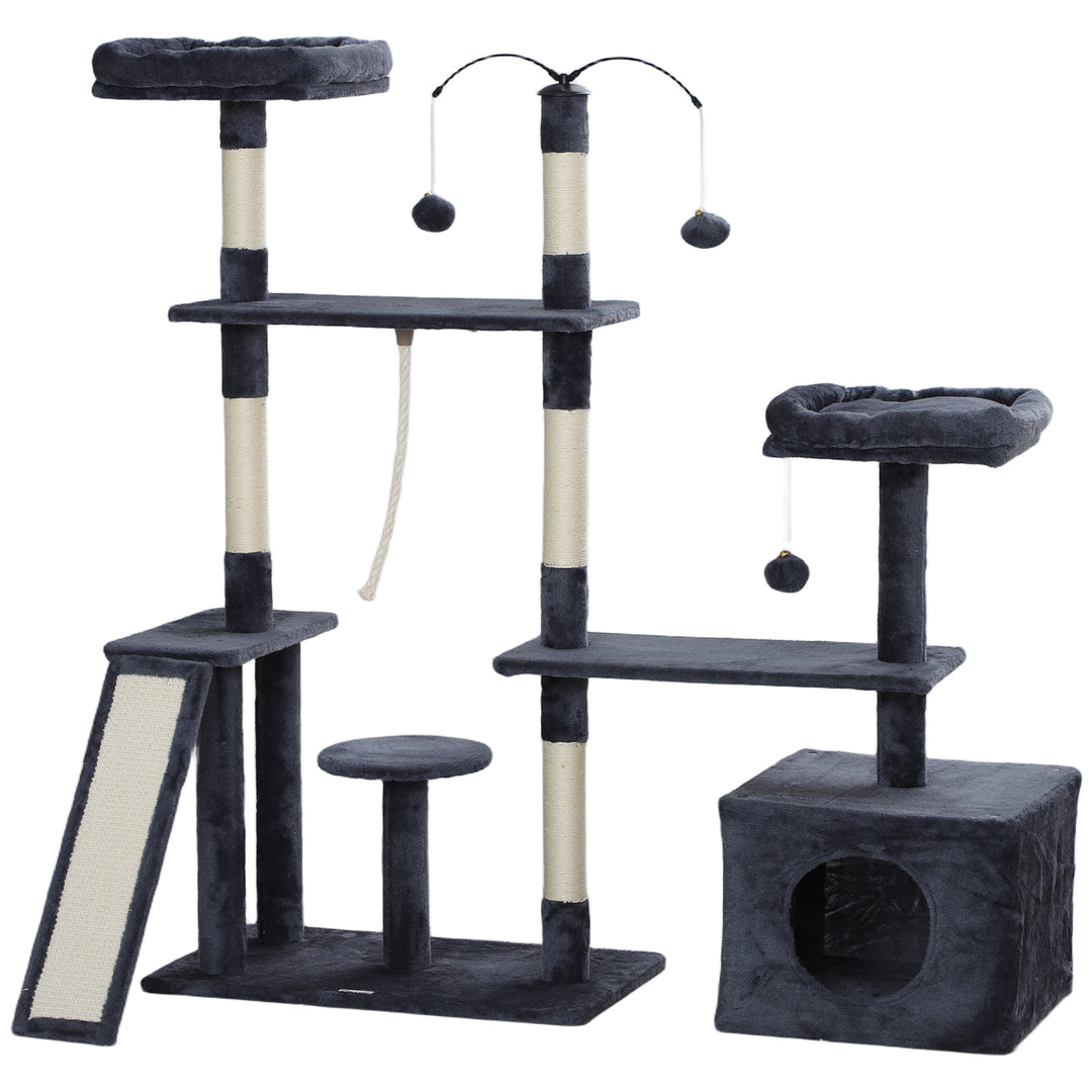 PawHut 53" Cat Tree, Cat Tower with Scratching Posts, Cat Condo, Beds, Platforms, Toy Balls for Indoor Cats, Dark Grey