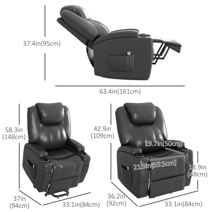 HOMCOM Power Lift Recliner Chair for Elderly, PU Leather Lift Chair with Footrest, Remote Control, Side Pockets and Cup Holders, Reclining Sofa for Living Room, Black