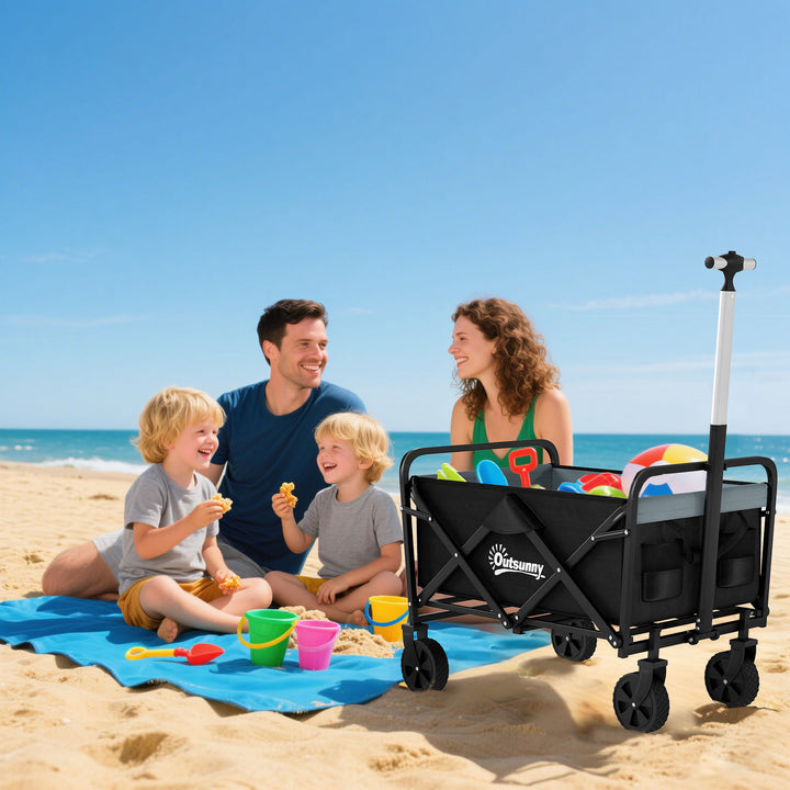Outsunny Steel Frame Folding Garden Cart, Collapsible Wagon with Telescopic Handle and All-Terrain Wheels