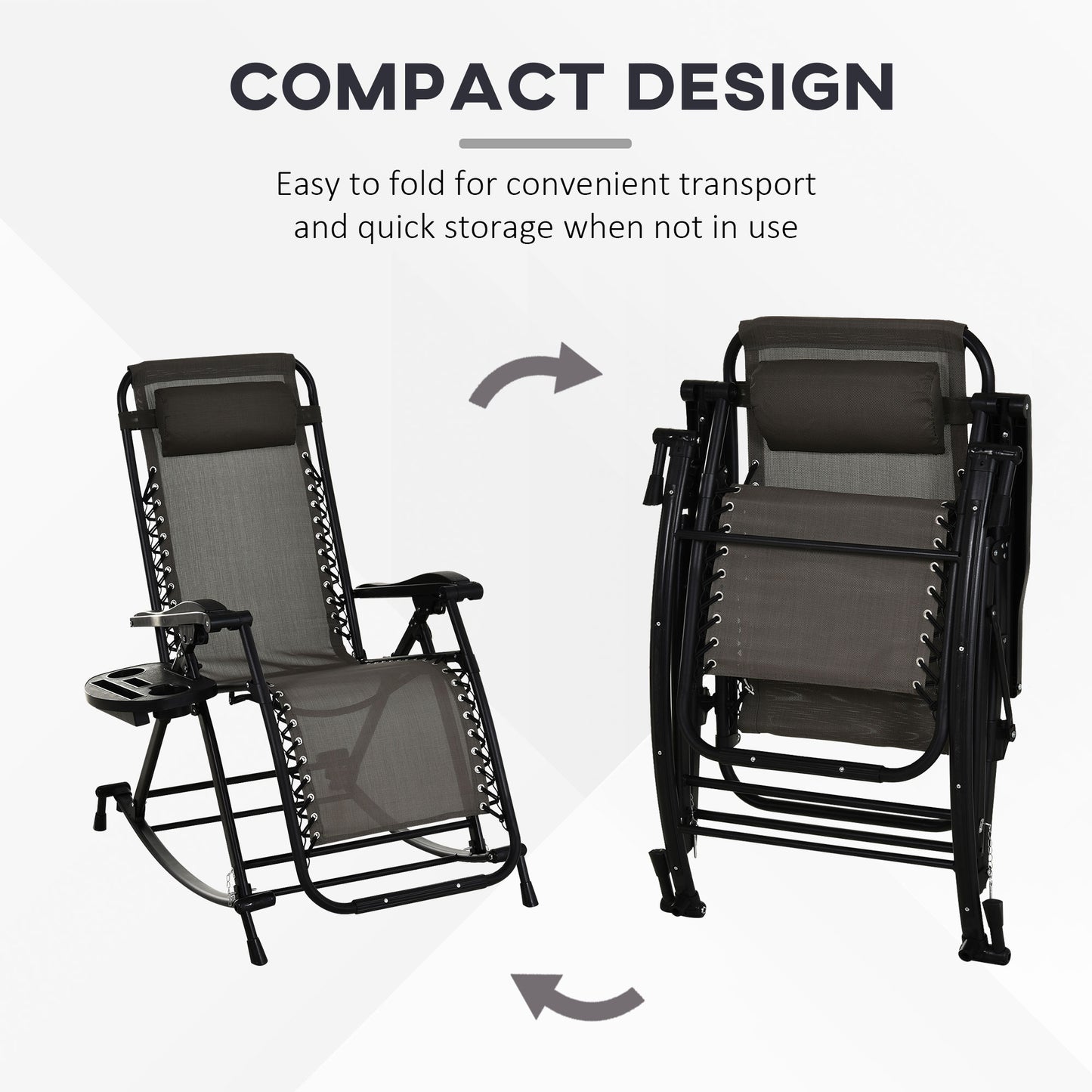 Outsunny 2 in 1 Adjustable Zero Gravity Reclining Lounge Chair Garden Recliner and Rocker Foldable Sun Lounger Napping Seat w/ Headrest & Tray Grey