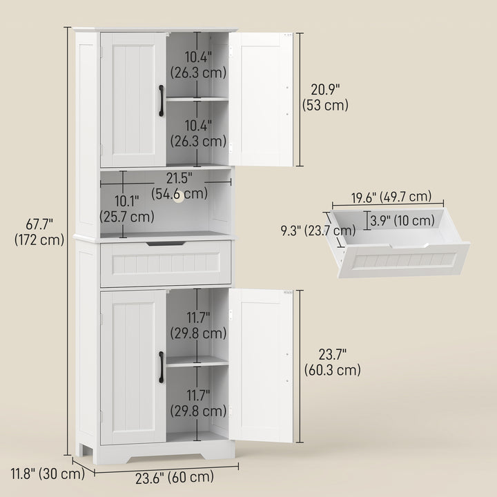 HOMCOM Kitchen Buffet with Hutch, 68" Tall Kitchen Pantry Cabinet with Small Open Counter, 4 Doors, Drawer, White
