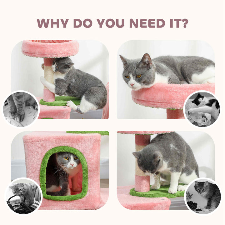 PawHut 28" Cat Tree Tower with Plush Top Bed, Cozy Condo, Sisal Scratching Post, Perch, Dangling Ball, Light Grey