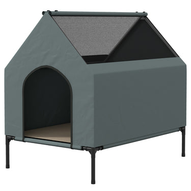 PawHut Dog House Outdoor Elevated Dog Bed with Removable Cover, Mesh Windows, Storage Bag, for S and M-Sized Dogs, Grey