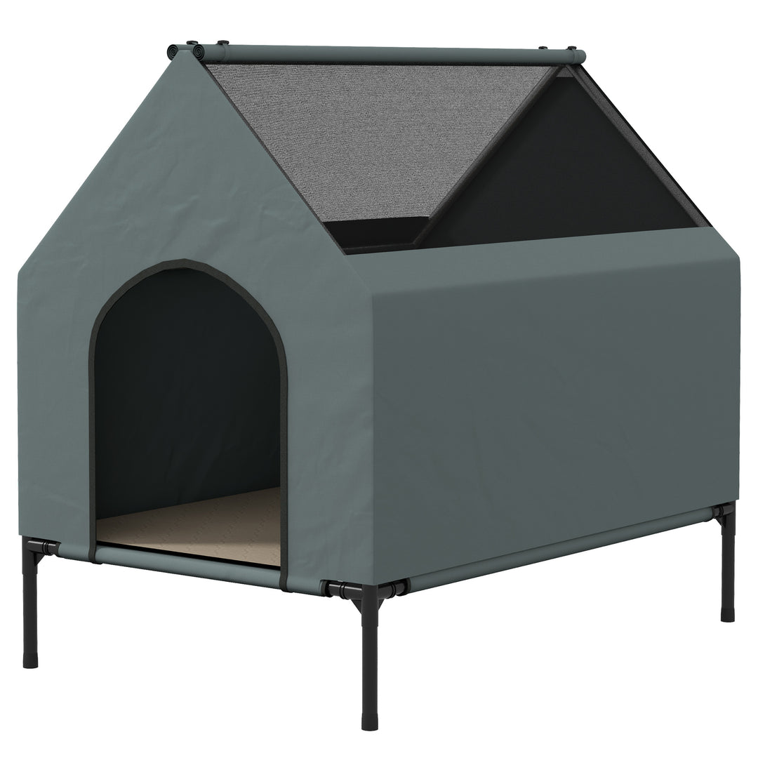 PawHut Dog House Outdoor Elevated Dog Bed with Removable Cover, Mesh Windows, Storage Bag, for S and M-Sized Dogs, Grey