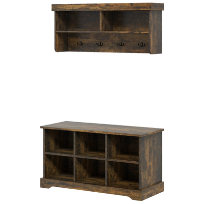 HOMCOM Coat Rack Shoe Bench Set, Entryway Shoe Bench with 8 Storage Cubbies, 4 Hooks for Hallway, Living Room, Rustic Brown