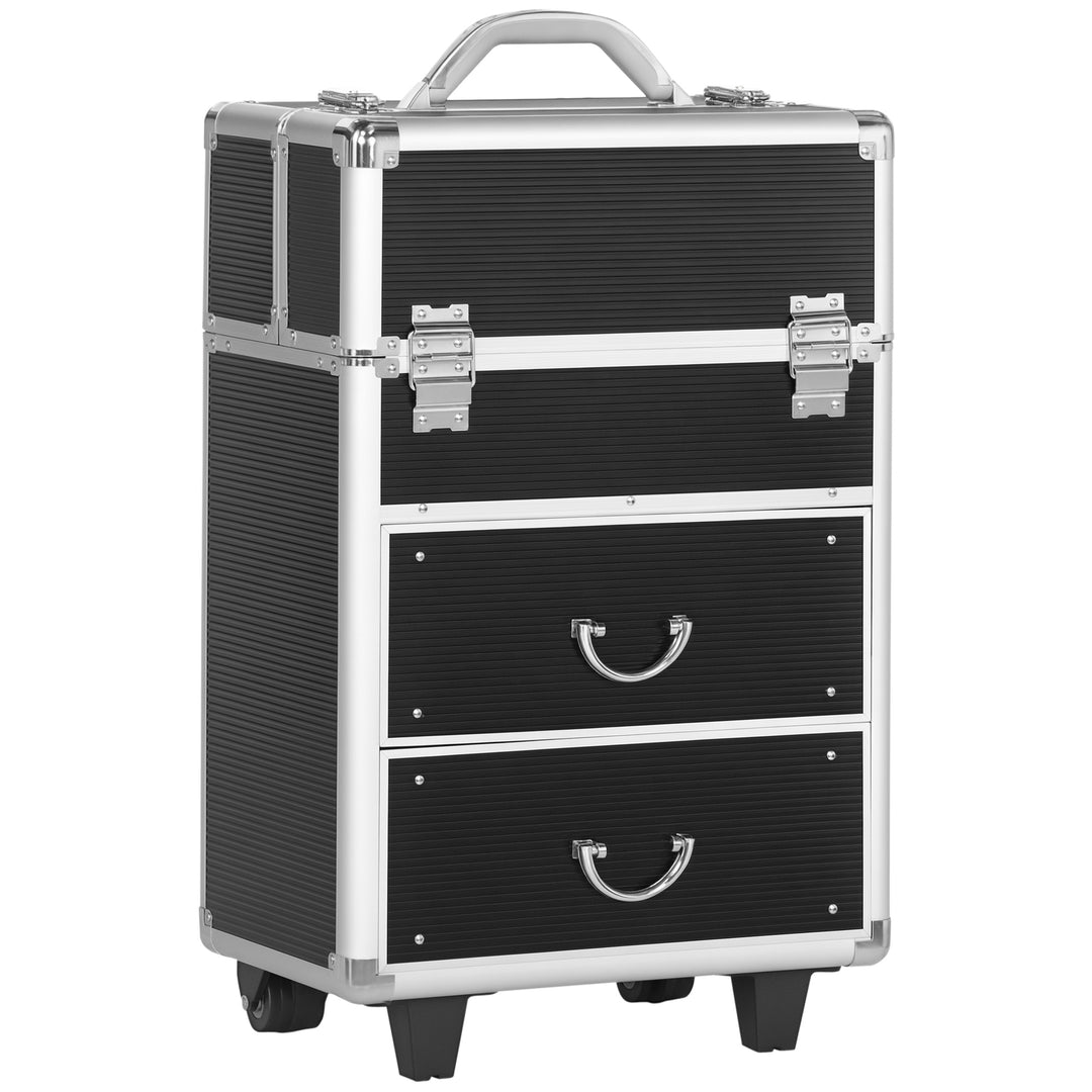 HOMCOM Rolling Makeup Case, Large Storage Cosmetic Trolley, Lockable Traveling Cart Trunk with Folding Trays, Swivel Wheels