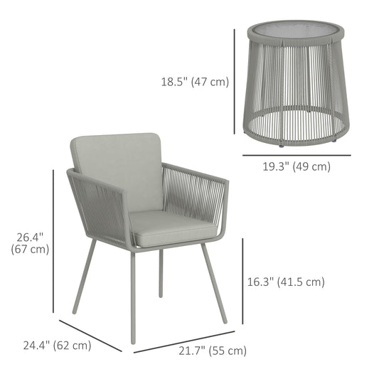 Outsunny 3 Piece Outdoor Patio Bistro Set, Wicker Rattan Furniture with Metal Legs for Garden, Backyard, Light Grey