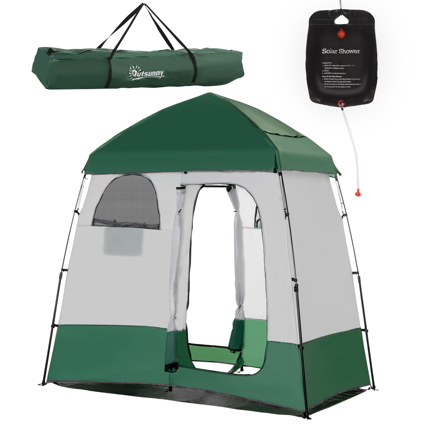 Outsunny Outdoor Portable Pop Up Shower Tent Changing Tent Privacy Enclosure with 2 Rooms, Shower Bag, Floor for Camping, Black