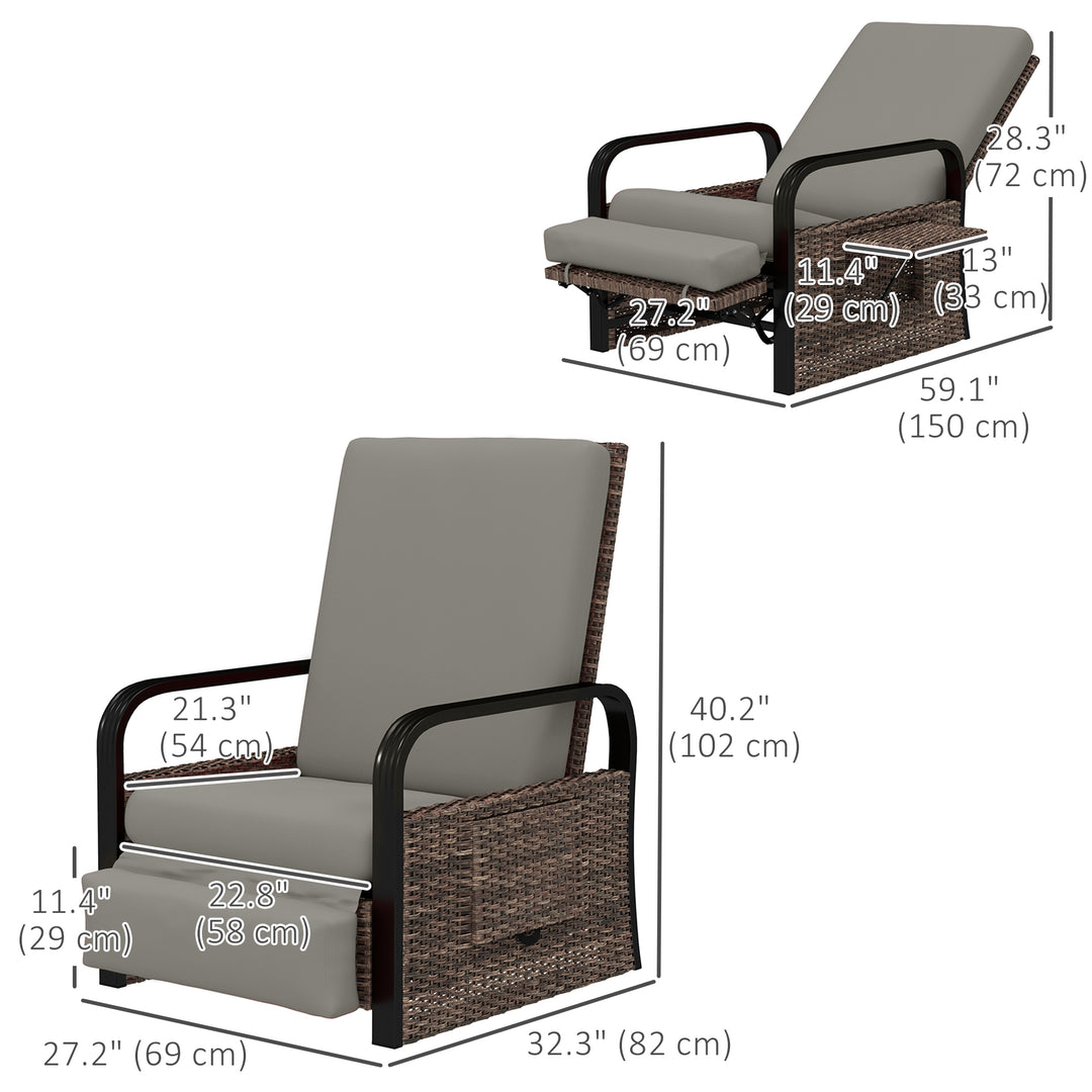 Outsunny Wicker Outdoor Recliner Chair, Reclining Lounge Chair with Adjustable Backrest, Footrest and Side Tray, Light Grey