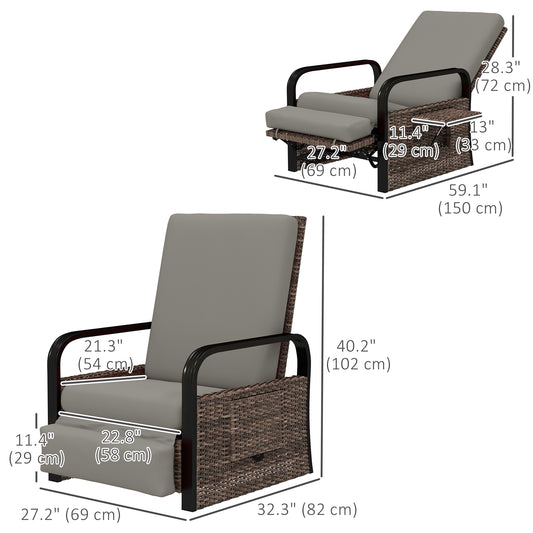 Outsunny Wicker Outdoor Recliner Chair, Reclining Lounge Chair with Adjustable Backrest, Footrest and Side Tray, Light Grey