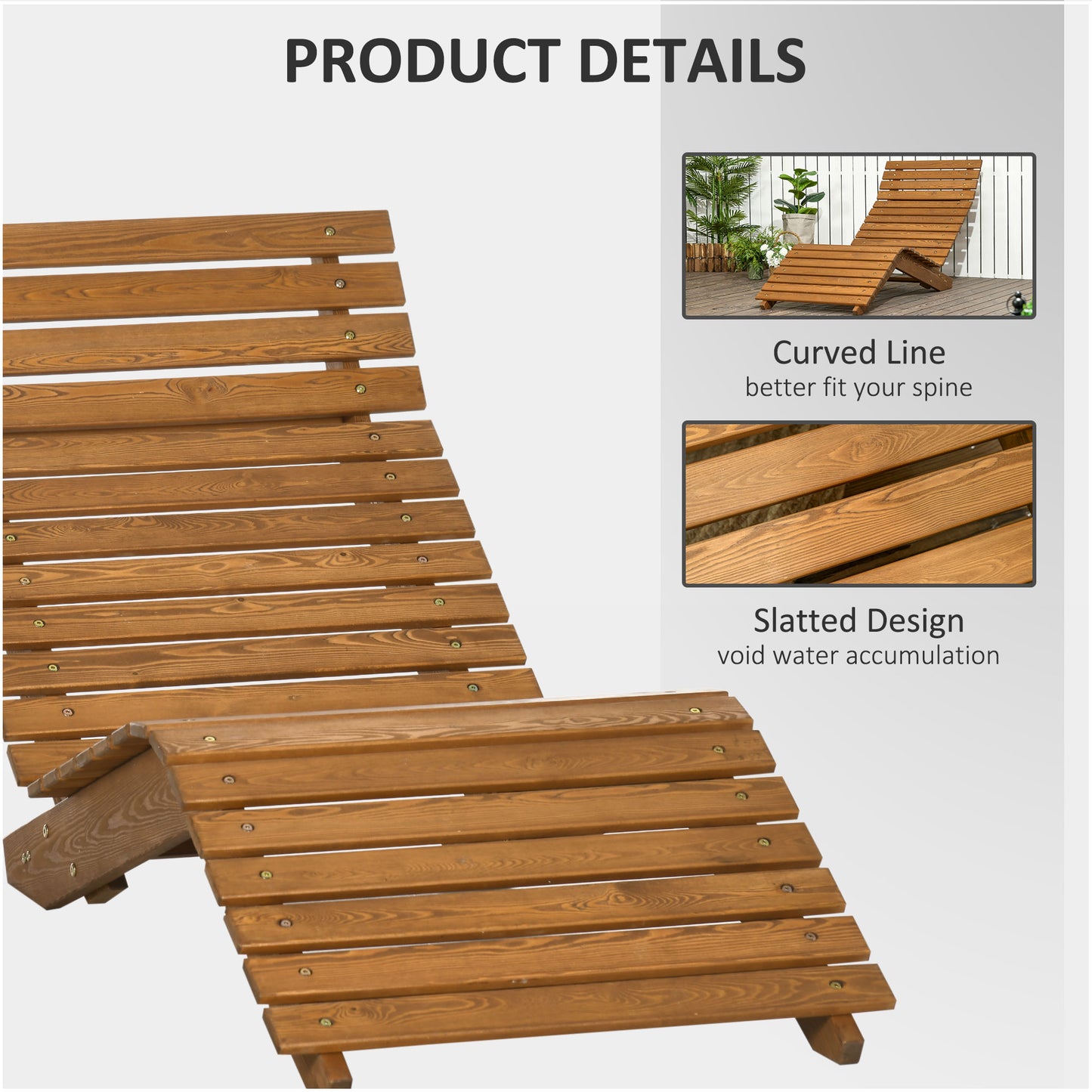 Outsunny Wooden Outdoor Lounge Chair, Curved Design Sun Lounger, Patio Lounge Chair for Garden, Backyard, Teak