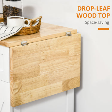 HOMCOM Foldable Kitchen Island with Storage Drawer, Farmhouse Style Rolling Utility Cart, Coffee Bar Cabinet on Wheels with Drop-Leaf Wood Top, White