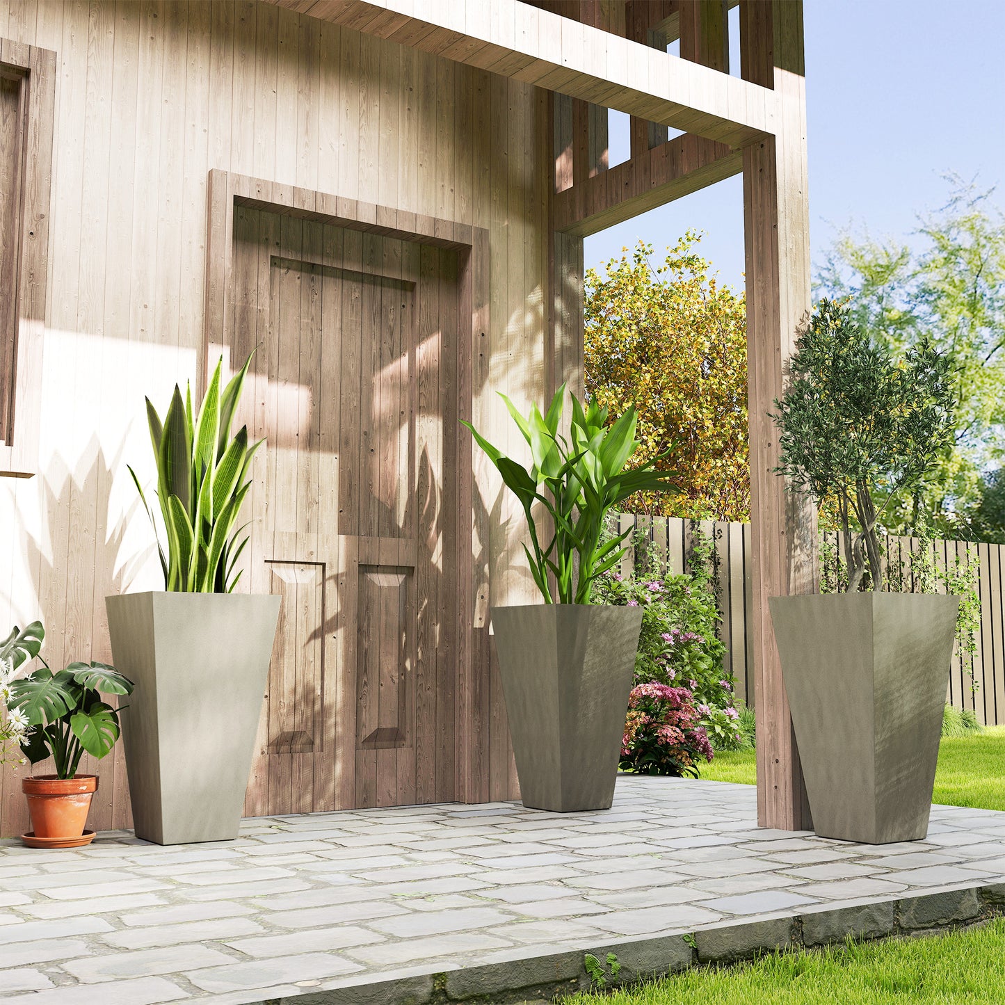 Outsunny 28" Tall Garden Plastic Planters, Outdoor and Indoor Flower Pots, Set of 3 for Entryway, Patio, Yard, Mixed Grey