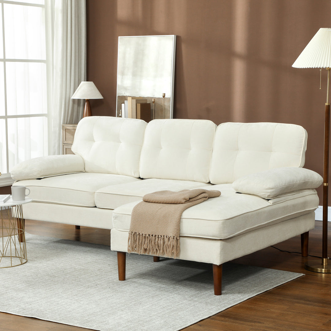 HOMCOM Modern Corner Couch with Right Chaise Lounge, Tufted 3-Seater Sofa with Wooden Legs for Living Room, Cream White