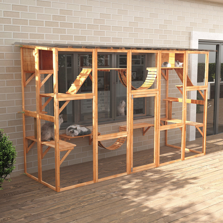 PawHut Large Outdoor Catio with Condos, Platforms, Doors, Ladders, Weather-Resistant Roof, Orange