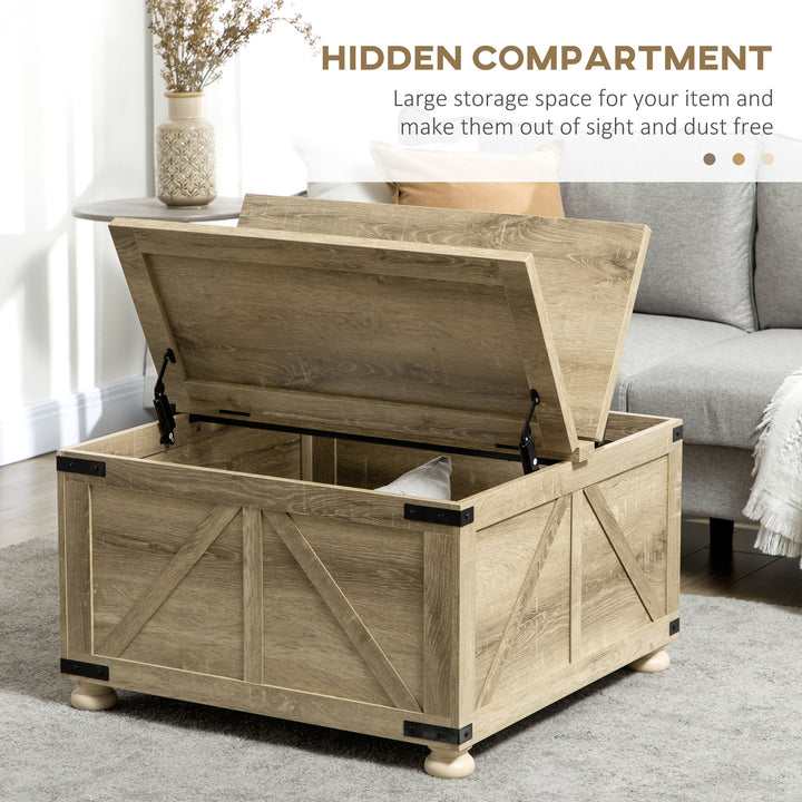 HOMCOM Farmhouse Coffee Table, Square Center Table with Flip-top Lids, Hidden Storage Compartment and Wooden Legs, Oak