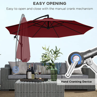Outsunny 9.7ft Offset Patio Umbrella Garden Hanging Parasol Banana Cantilever Umbrella with Base, Crank, Wine Red