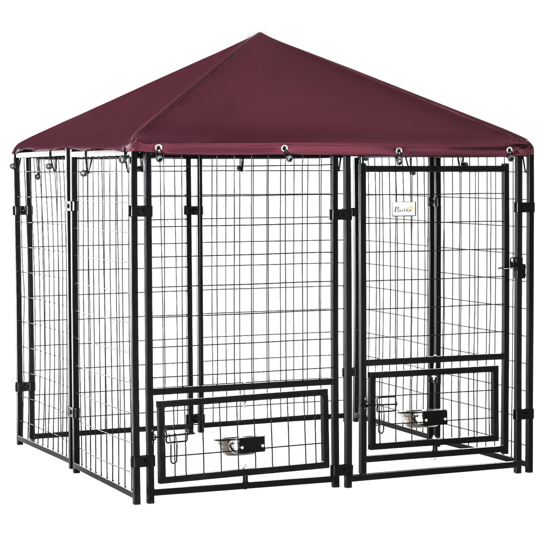 PawHut Outdoor Dog Kennel, Lockable Pet Playpen Crate, Welded Wire Steel Fence, Rotating Bowl Holders, Red