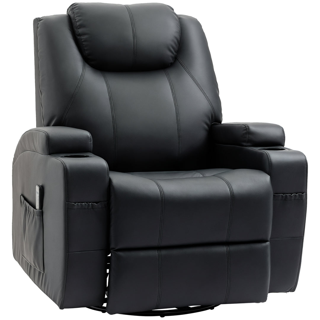 HOMCOM Massage Recliner Chair, Swivel Nursery Rocker Chair, Manual Reclining Sofa with 8 Vibration Points, PU Leather, Cup Holders, Side Pockets, for Living Room, Black