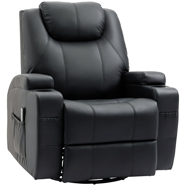 HOMCOM Massage Recliner Chair, Swivel Nursery Rocker Chair, Manual Reclining Sofa with 8 Vibration Points, PU Leather, Cup Holders, Side Pockets, for Living Room, Black
