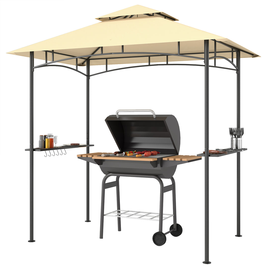 Outsunny 8' x 5' Outdoor Grill Gazebo, Double Tiered Barbecue Grill Gazebo Shelter with 2 Side Shelves, Hooks, Beige