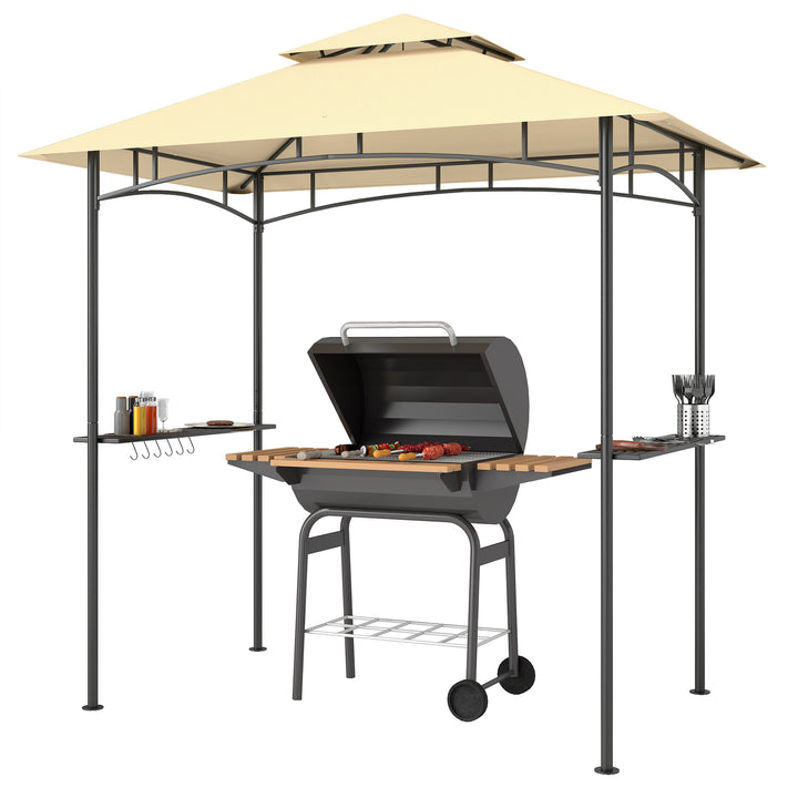 Outsunny 8' x 5' Outdoor Grill Gazebo, Double Tiered Barbecue Grill Gazebo Shelter with 2 Side Shelves, Hooks, Beige