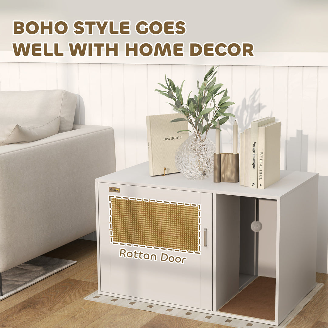 PawHut Cat Litter Box Enclosure, Cat Washroom End Side Table with Rattan Door, Scratching Pad, Non-slip Foot Pads, White