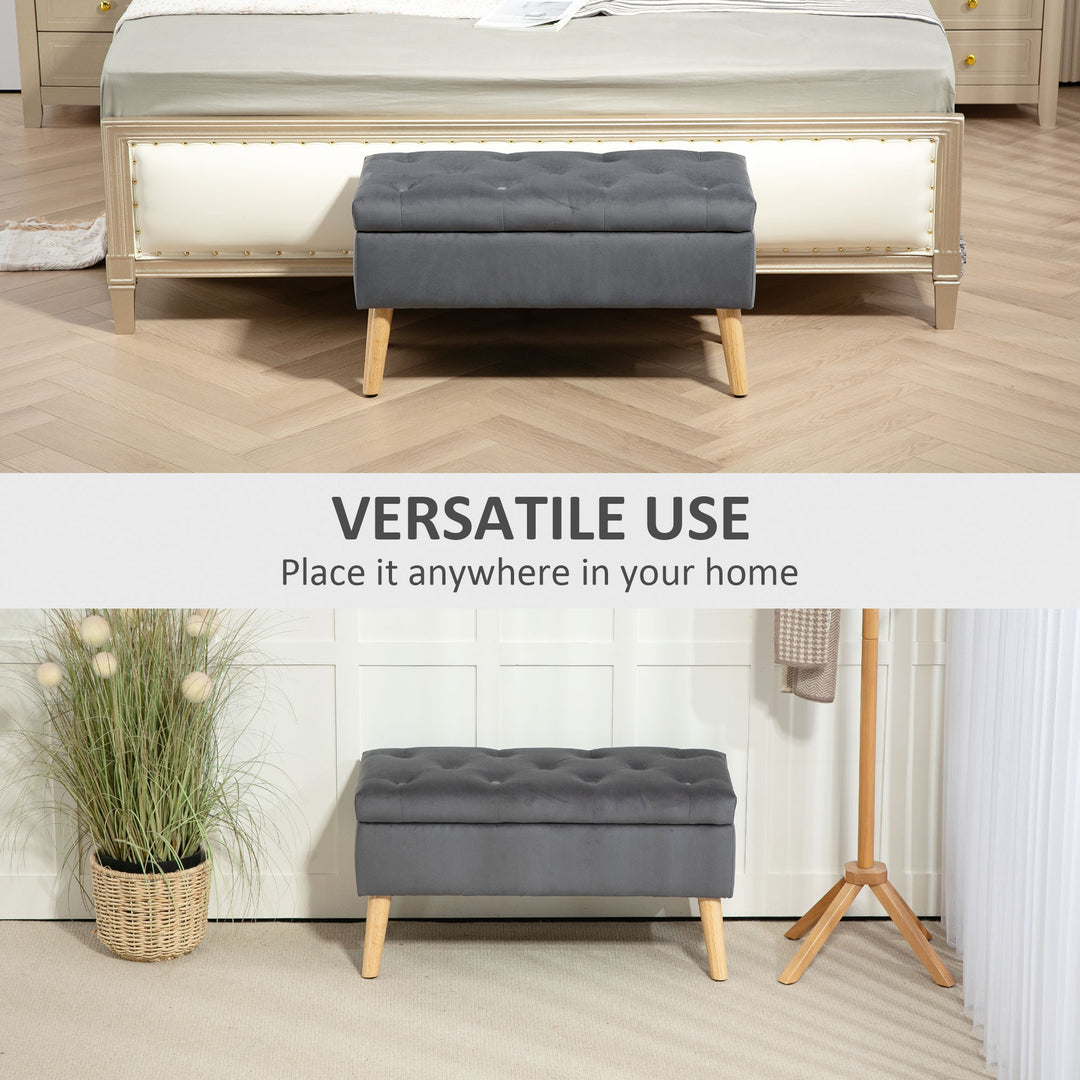 HOMCOM Storage Ottoman with Lid, Velvet Upholstered Storage Bench with Wood Legs for Living Room, Charcoal Grey