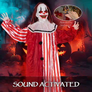 Outsunny Life Size Halloween Animated Clown with Red Light Up Eyes, Sound Activated Scary Halloween Decorations, Battery Operated