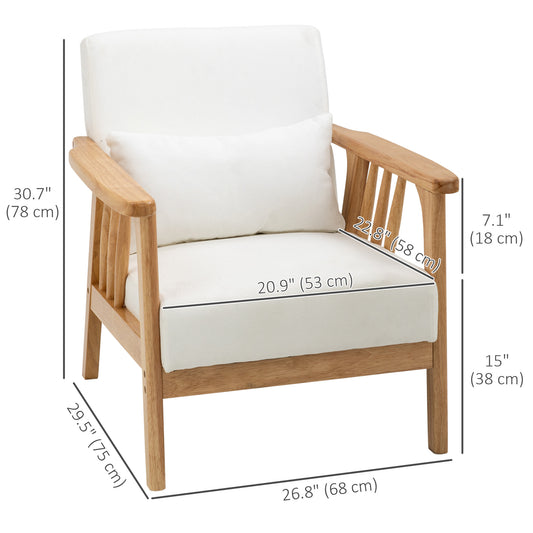 HOMCOM Armchair Upholstered Lounge Chair with Rubber Wood Frame Throw Pillows and Comfortable Cushion, White
