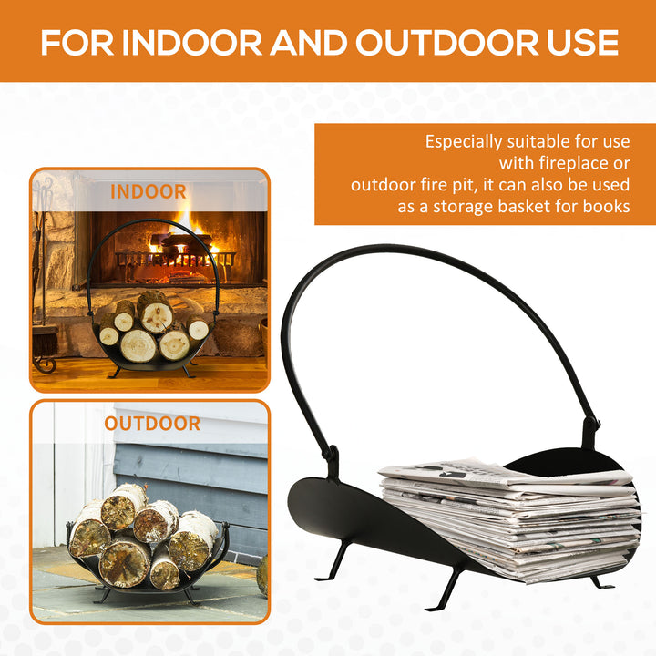 Outsunny 16" Firewood Log Rack Curved Fireplace Log Holder Wood Storage Basket Carrier with Flexible Handle, for Outdoor and Indoor Use, Black