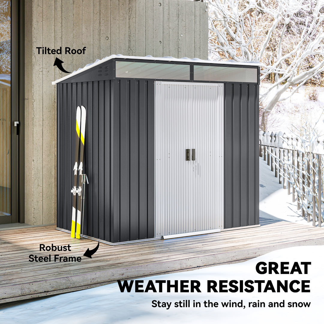 Outsunny 6.5x4FT Galvanised Metal Shed with Foundation Kit, Lockable Garden Tool Storage House with Sliding Doors, Vents, Grey