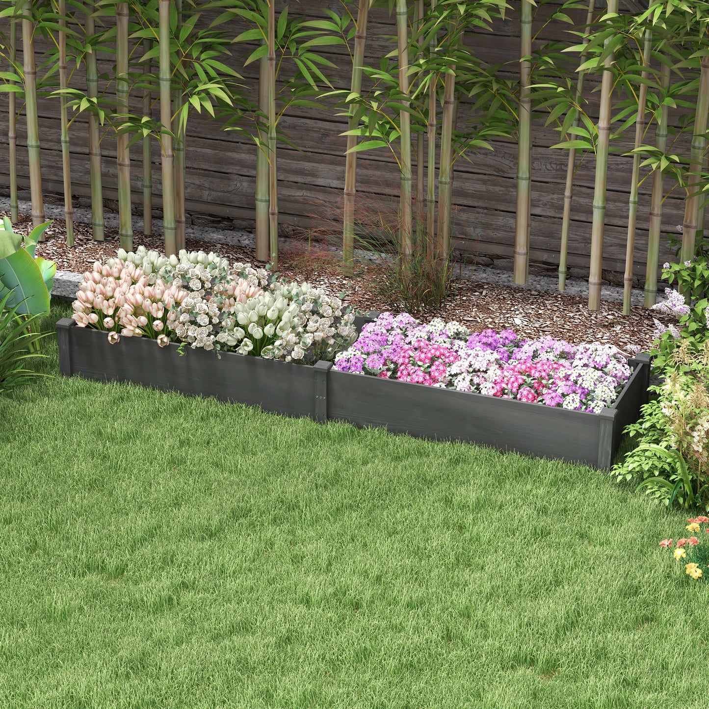 Outsunny 96" x 24" x 10" Wooden Raised Garden Bed with 2 Planter Box and Non-woven Fabric Liner for Backyard, Patio to Grow Vegetables, Herbs, and Flowers, Natural