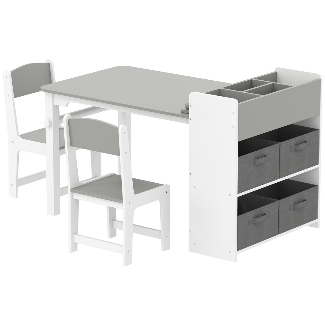 Qaba Kids Table and Chairs Set, Toddler Art Table and Chair Set with Paper Roll, Storage Shelves and Drawers, Grey