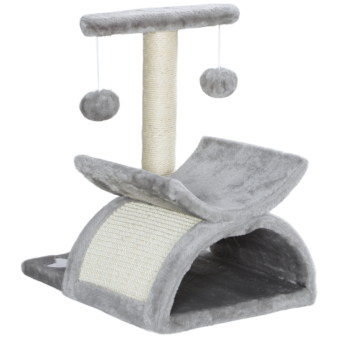 PawHut 17" Small Cat Tree with Scratching Post, Cat Tower with Rotatable Top Pole, Platform, 2 Dangling Balls, Light Grey